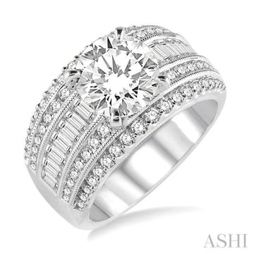 1 1/3 Ctw Semi-Mount Baguette and Round Cut Diamond Engagement Ring in 14K White Gold